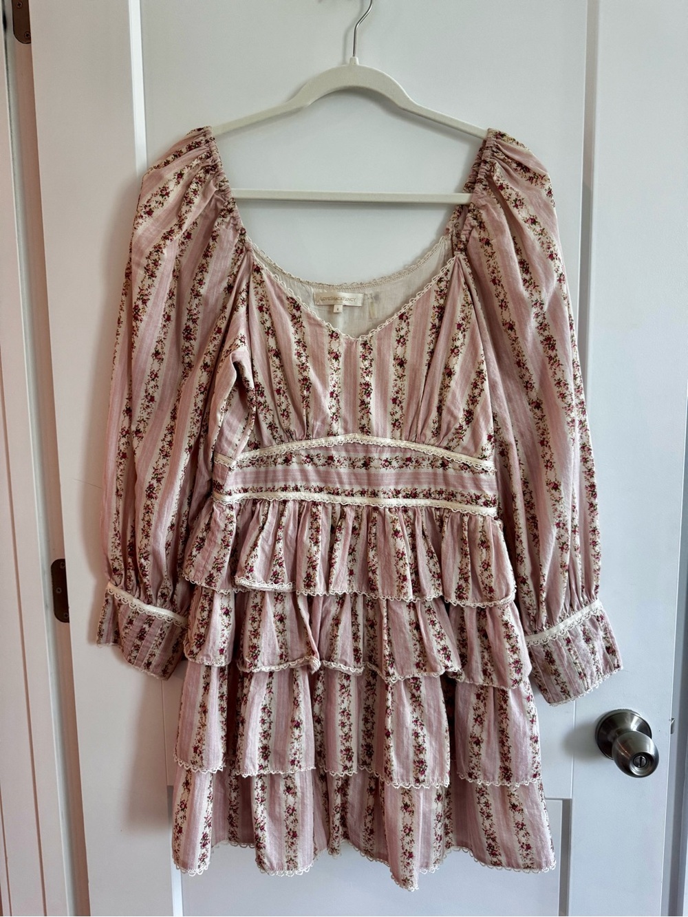 LoveShackFancy Pink White Ruffle Floral Tiered Mini Dress size 6